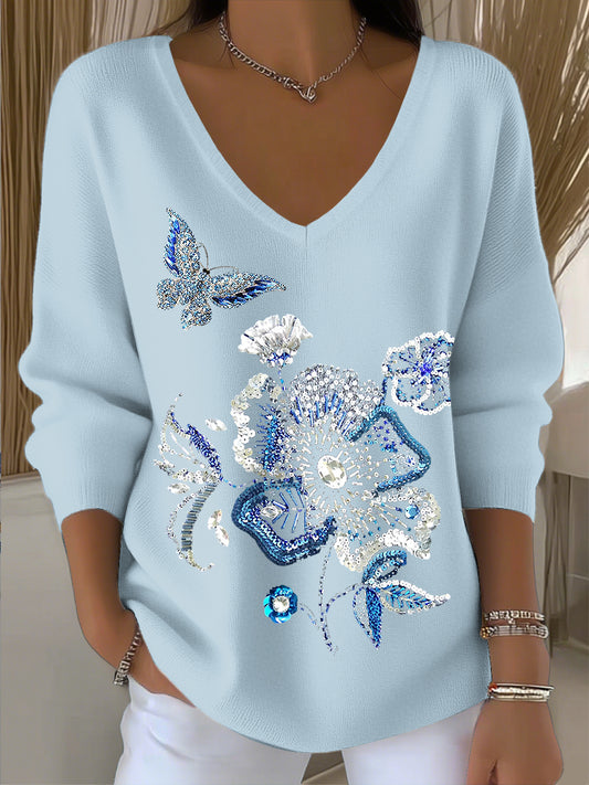 Dámské motýlie květinové kamínka umění v-neck top
