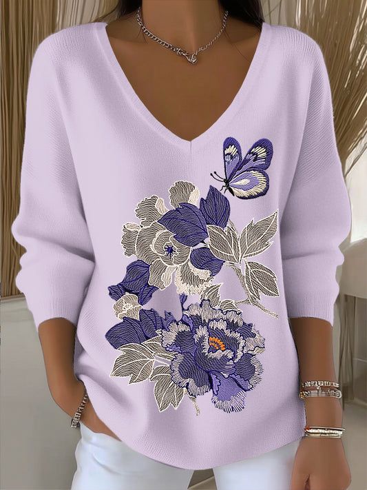 Dámské romantické motýl květinové umění v-neck top