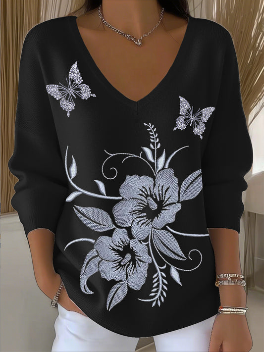 Ženy vintage motýl květinové umění v-neck top