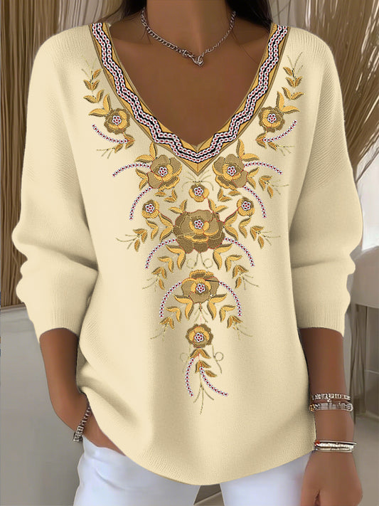Ženy vintage etnické květinové umění v-neck top