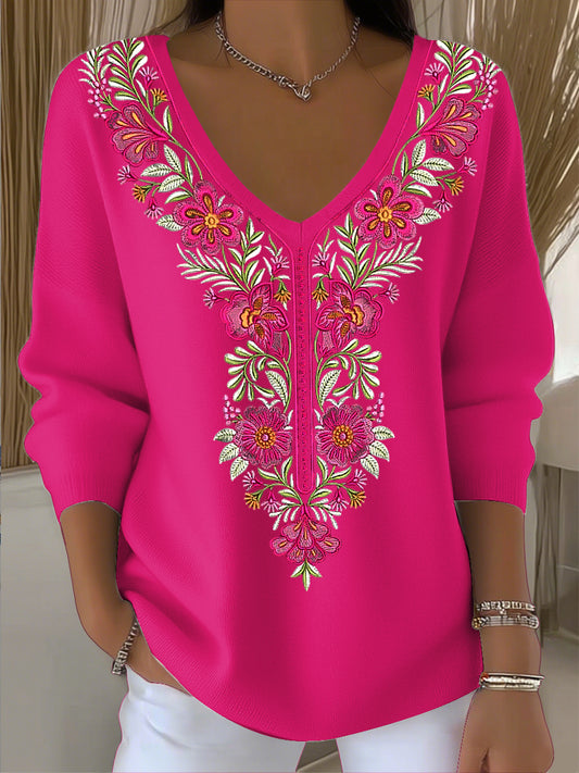 Dámské vintage květinové umění v-neck top