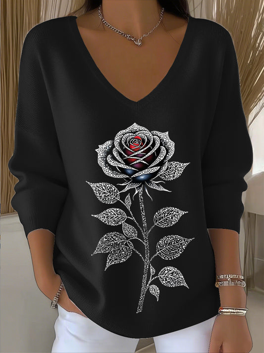 Dámské vintage růže rhinestone umění v-neck top