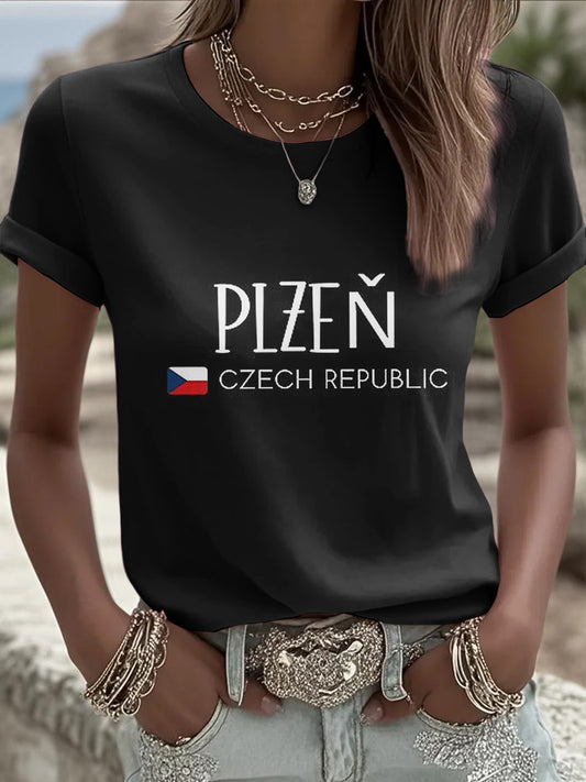 Women's vintage czech flag print casual t-shirt